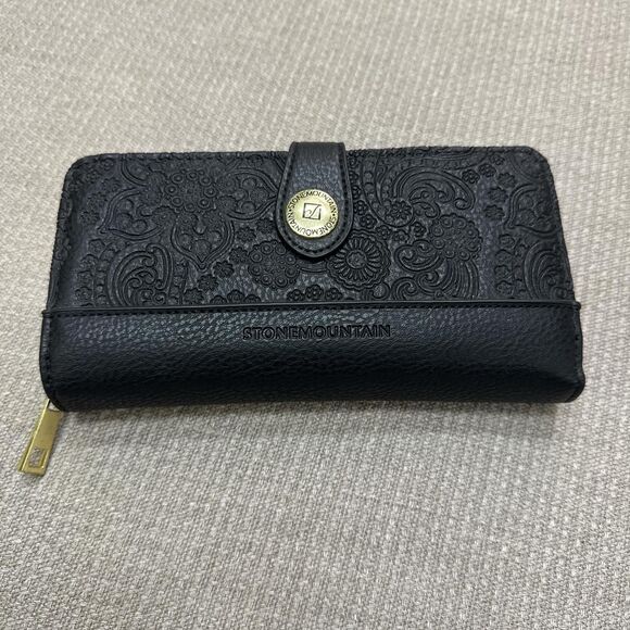 Boho Embossed black leather large zip wallet floral paisley Stone Mountain - Picture 3 of 8